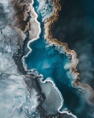 the blue hot spring in Iceland from above, A top down view of a rocky surface covered in white salt and brown mud