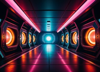 Fototapete - futuristic corridor with neon lights