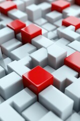 Fototapete - Abstract 3D geometric background with red and white blocks forming a pattern, symbolizing structure, complexity, and modern design.