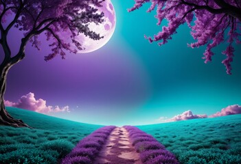 Fototapete - purple landscape with path leading to full moon