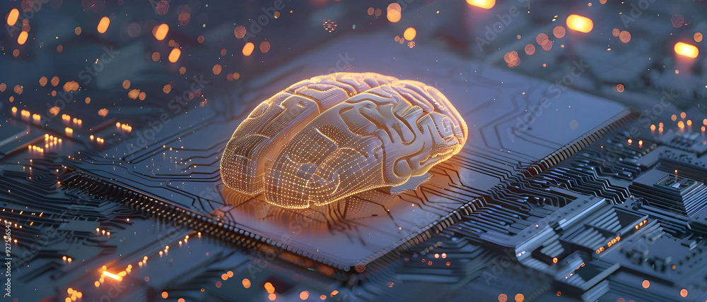 A glowing digital brain on a microchip symbolizes the integration of ...