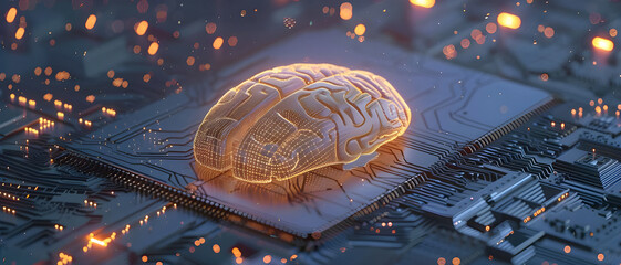 Poster - A glowing digital brain on a microchip symbolizes the integration of artificial intelligence with advanced computing technology.