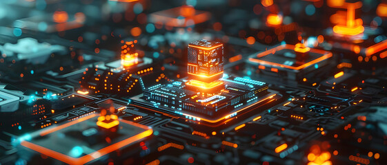 Poster - A vibrant microchip emits an orange glow, embedded in a high-tech circuit board, symbolizing advanced technology and digital innovation.