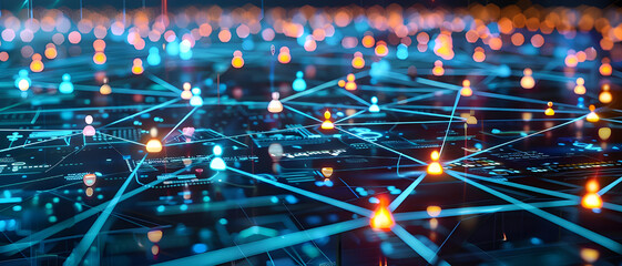 Aufkleber - A glowing digital network visualizing interconnected user avatars on a futuristic interface, representing online communities and global communication.