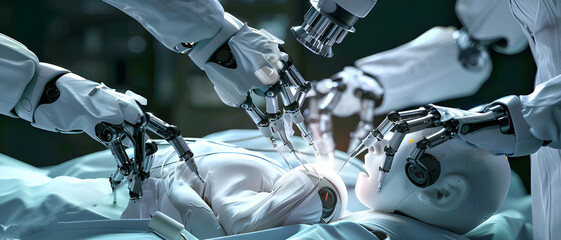 Poster - Close-up of robotic arms performing a high-tech surgical procedure on a robot, showcasing advanced medical technology and precision.