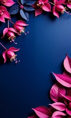 Leinwandbilder - blue background with pink flowers and leaves