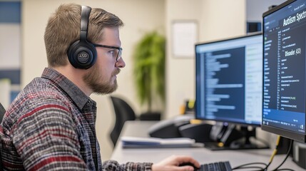 a man wearing headphones, deeply focused on coding at his computer. the screen displays code related