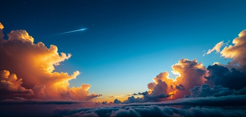Poster - plane flying through blue sky with bright orange glow