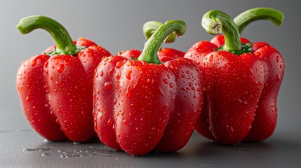 Close-up of three fresh red peppers with water droplets, displaying vibrant color and crisp freshness.