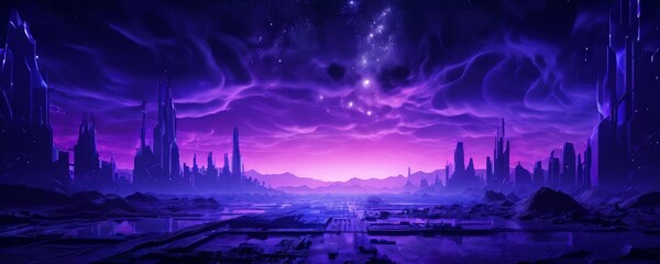 Fototapete - futuristic city with purple sky and clouds