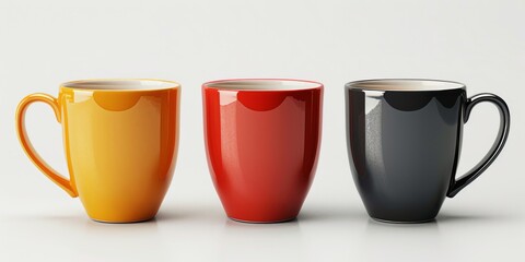 Vibrant yellow, red, and black mugs lined up with simple, elegant design.