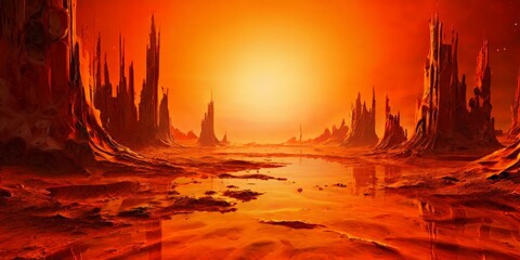 Fototapete - red and orange landscape with river
