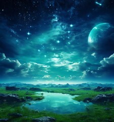 Aufkleber - green field with lake and stars in the sky