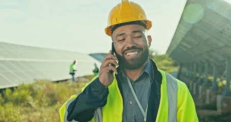 Poster - Happy man, smile and phone for talking on site for installation, maintenance or update or solar energy. Male person, civil engineer and career with joy for talk on mobile of sustainable development