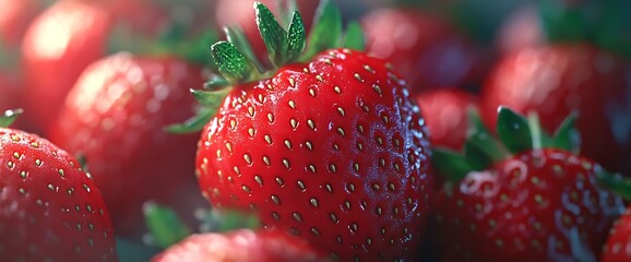 Wall Mural - Close-up of ripe, red strawberries with green leaves.