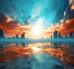 Poster - beautiful sunset over frozen lake