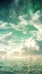 Aufkleber - green sky with clouds and stars