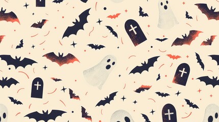 Wall Mural - A Halloween background pattern with scattered icons of ghosts, bats, and tombstones.