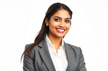 young smiling confident professional indian business woman in formal light grey suit against white background