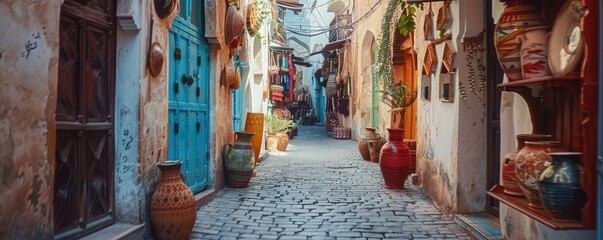 Wall Mural - Colorful and narrow Arabian bazaar street filled with vibrant rugs and traditional goods.