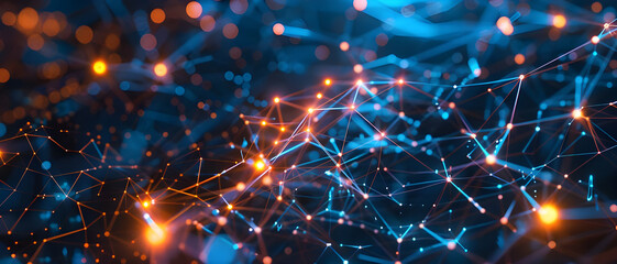 Poster - Abstract visualization of a digital network with interconnected glowing nodes, representing data flow and connectivity in technology.