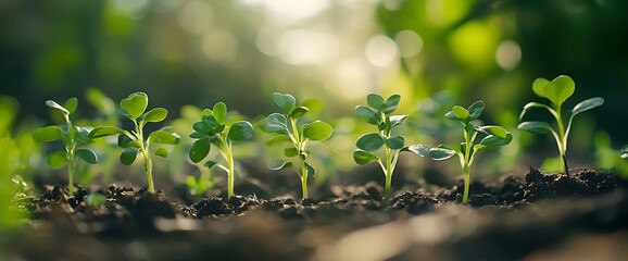 Close-up of young green plant sprouts in soil with blurred background.