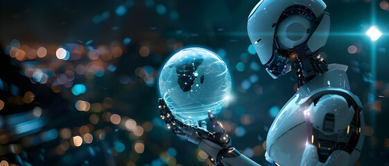 Fototapete - a futuristic robot holds and analyzes a glowing holographic earth, symbolizing global connectivity, 