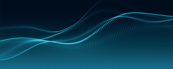 Poster - Futuristic dot wave. Abstract digital particle wave. Technology background. Colored musical wave. Dark background. Digital background with smooth, wavy curves. 3D vector illustration