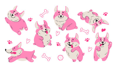 Wall Mural - Pink welsh corgi dog cute puppy pet sticker line art concept set. Vector graphic design illustration element