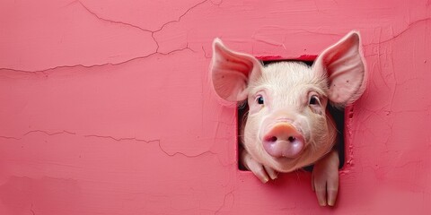 Adorable pig peeking through a wooden fence with a surprised yet happy expression.