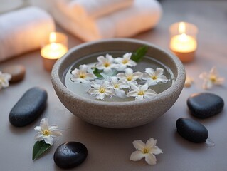 Spa Relaxation with Floating Flowers in Stone Bowl