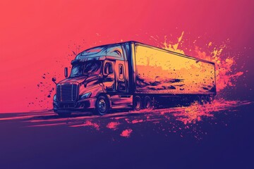 Wall Mural - An illustration of a semi-truck in motion with a splash of color behind it.