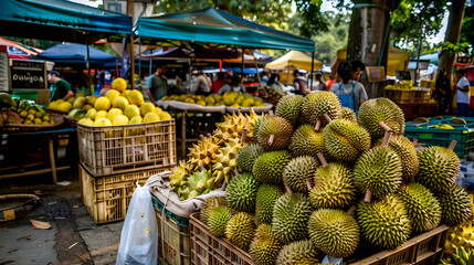 Poster - Fresh Durians at a Bustling Local Market