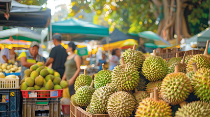 Poster - Fresh Durians at a Bustling Local Market