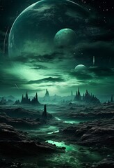 Aufkleber - green planet with small town in the background