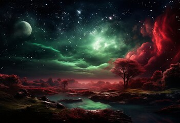 Poster - beautiful night scene with tree and river