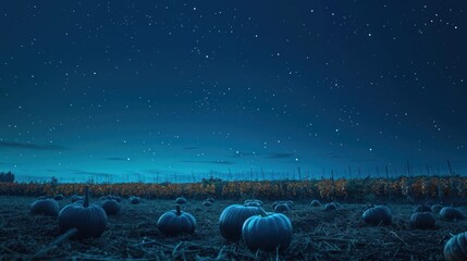 a serene blue pumpkin patch under a starlit sky.