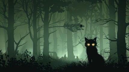 Wall Mural - A spooky forest background with a cat silhouette and glowing eyes in the foreground.