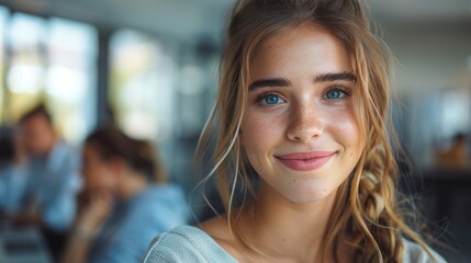 attractive young woman working at call center office with her colleagues 