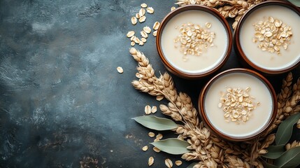 Three rustic bowls filled with homemade oat milk on a dark textured background, adorned with whole and rolled oats scattered around the bowls.