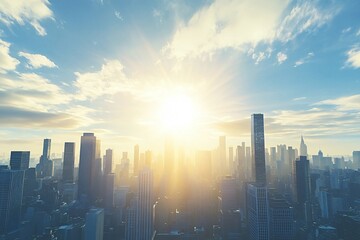 City skyline with sun shining brightly over skyscrapers and office buildings