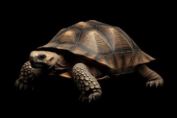 Photo of a tortoise isolated against a black background, emphasising the tortoise's majestic features. Wildlife and conservation concept, space for copy.