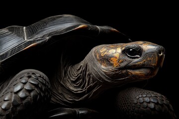 Photo of a tortoise isolated against a black background, emphasising the tortoise's majestic features. Wildlife and conservation concept, space for copy.