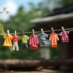 AI generator image of clothes line,Child clothes on laundry line