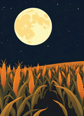 a vector illustration of a corn field with the full moon in the sky full of stars