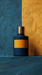 Wall Mural - A bottle of perfume is displayed on a shelf in front of a yellow wall