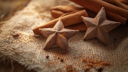 A close-up of three star-shaped spices, arranged on a piece of cloth, with subtle textures and warm lighting creating a cozy vibe.