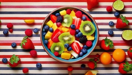 Wall Mural - fruit salad on the table seen from above	