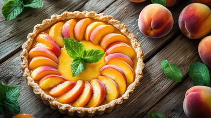 A delicious peach tart sits on a rustic wooden table, surrounded by fresh peaches and sprigs of mint.