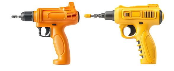 Two cordless electric drills, orange and yellow, on a white background, perfect for construction and DIY projects.